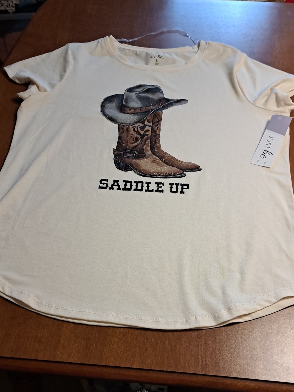 Saddle Up Cream Graphic Tee with Cowboy Boot & Hat L Ptp 21